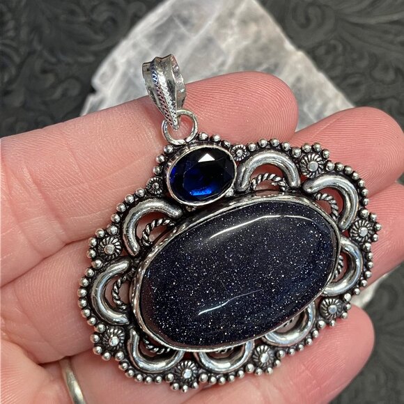Blue Goldstone and Gem Bohemian Pendant Stone Crystal Jewelry - Picture 3 of 6